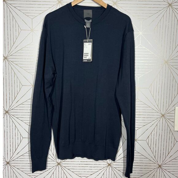 H&M HM Dark Blue Long Sleeve Cotton Silk Crew Neck Shirt Jumper Large NWT $50 - Picture 1 of 9